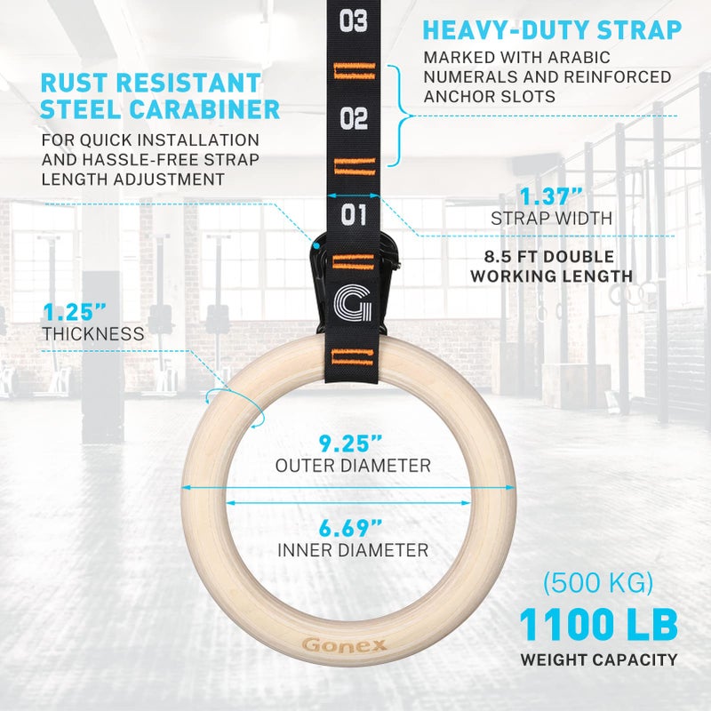 Gonex Wooden Gymnastic Rings with Adjustable Number Straps, Olympic Rings for Gym, Workout, Exercise, Outdoor Training, Quick Install Carabiner, 8.7 ft Straps Pull Up Non-Slip Rings - Image 5
