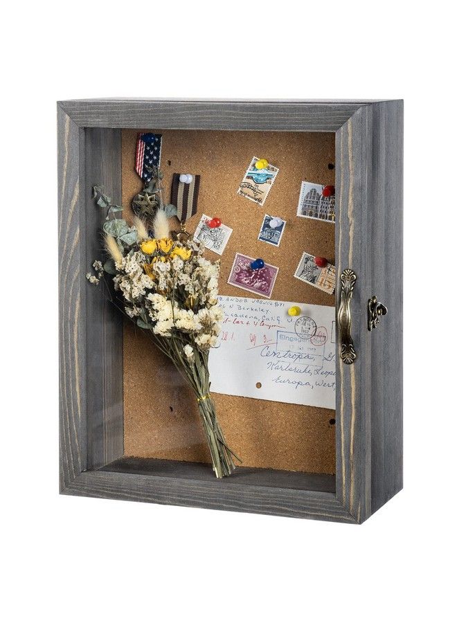 MyGift 11X14 Vintage Gray Solid Wood Shadow Box With Cork Board Backing Wall Mounted Display Case With Clear Acrylic Front Window Panel Metal Handle And Latch  - Image 1