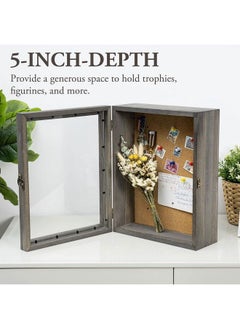 MyGift 11X14 Vintage Gray Solid Wood Shadow Box With Cork Board Backing Wall Mounted Display Case With Clear Acrylic Front Window Panel Metal Handle And Latch  - Image 3