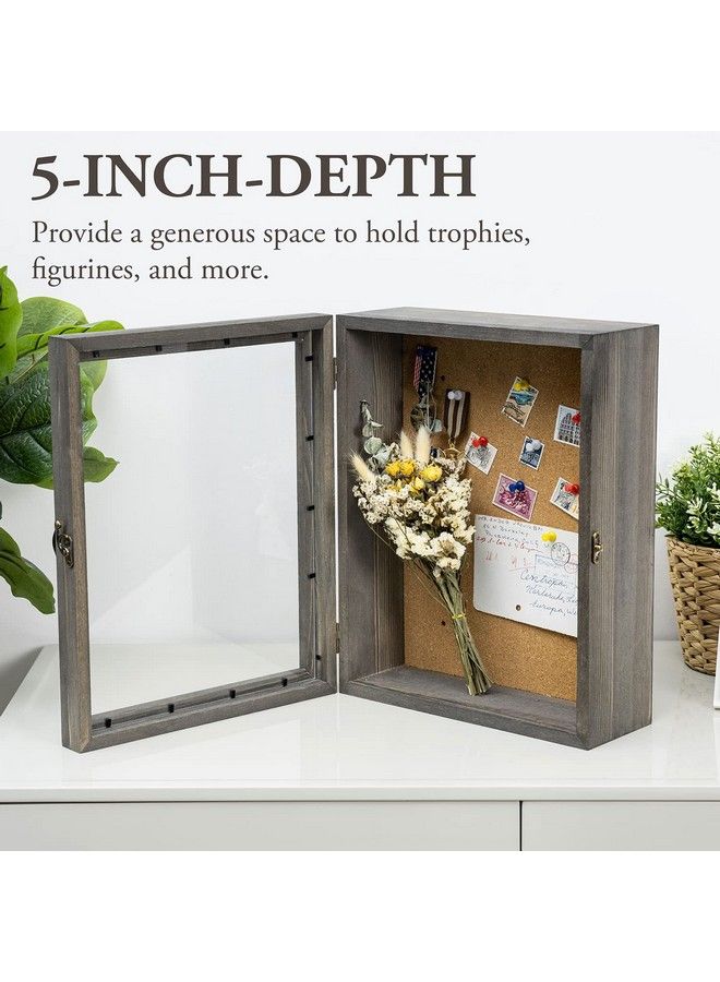 MyGift 11X14 Vintage Gray Solid Wood Shadow Box With Cork Board Backing Wall Mounted Display Case With Clear Acrylic Front Window Panel Metal Handle And Latch  - Image 3
