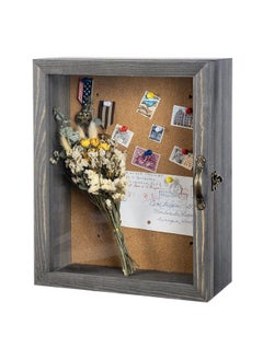 MyGift 11X14 Vintage Gray Solid Wood Shadow Box With Cork Board Backing Wall Mounted Display Case With Clear Acrylic Front Window Panel Metal Handle And Latch  - Image 2