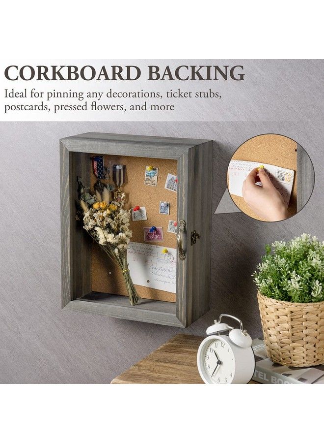 MyGift 11X14 Vintage Gray Solid Wood Shadow Box With Cork Board Backing Wall Mounted Display Case With Clear Acrylic Front Window Panel Metal Handle And Latch  - Image 4
