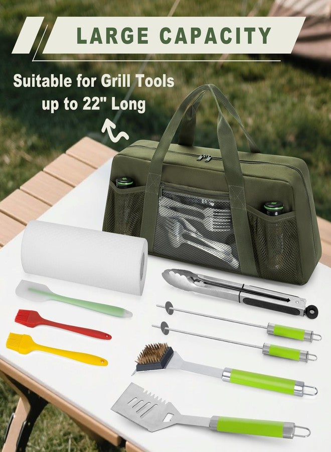 HODRANT Grill Tool Storage Bag, Outdoor BBQ Utensil Holder for Barbecue Tool up to 20", Large Grill Utensil Storage Caddy with Pockets, BBQ Accessories Case Container for Camping, Bag Only, Green - Image 2