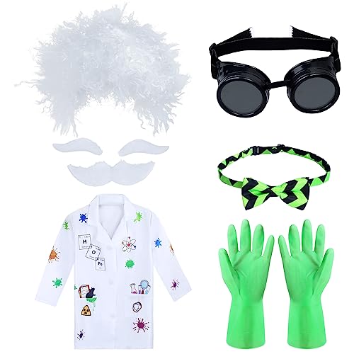 Keymall Mad Scientist Costume for Kids 6 Pieces Halloween Crazy Mad Wig Scientist Lab Coat Mustache Goggles Gloves Bow Tie Set A - Image 1