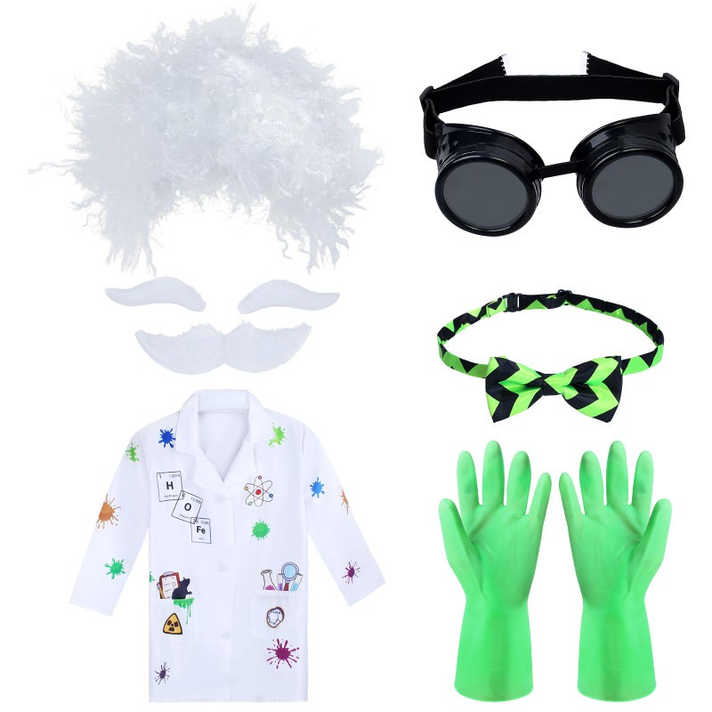 Keymall Mad Scientist Costume for Kids 6 Pieces Halloween Crazy Mad Wig Scientist Lab Coat Mustache Goggles Gloves Bow Tie Set A - Image 2