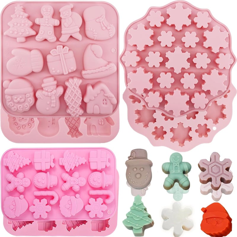 JJzxwish 3 Pack Christmas Silicone Molds 44Cavity Snowflake Snowman Gingerbread Chocolate Mold Christmas Tree Santa Claus Candy Molds for Baking Gloves Elk Socks Bells Gift Santa Hat Claus Holiday Mold - Image 1