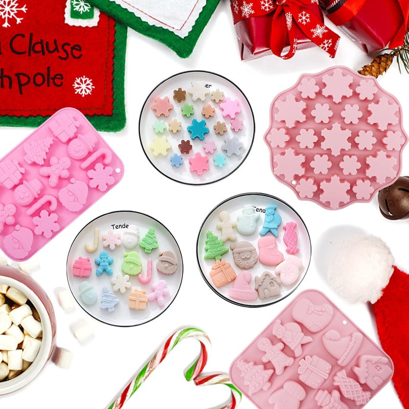 JJzxwish 3 Pack Christmas Silicone Molds 44Cavity Snowflake Snowman Gingerbread Chocolate Mold Christmas Tree Santa Claus Candy Molds for Baking Gloves Elk Socks Bells Gift Santa Hat Claus Holiday Mold - Image 2