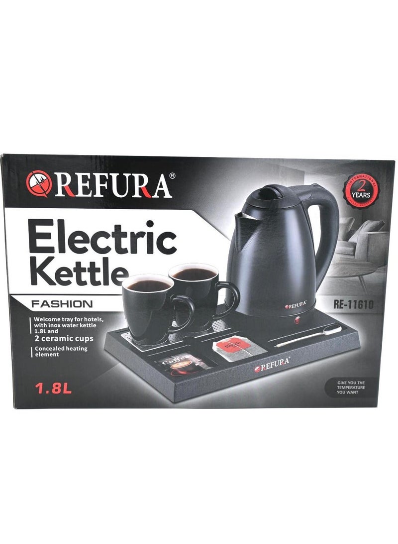 REFURA Electric Kettle 1.8 Liter Hotel Set 1500 Watts with 2 Ceramic Cups and Tray Black RE-11610 - Image 3