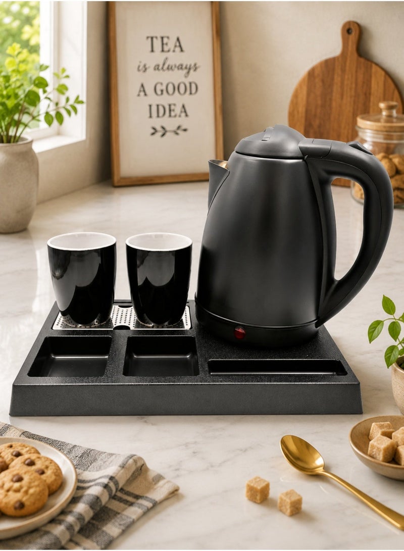 REFURA Electric Kettle 1.8 Liter Hotel Set 1500 Watts with 2 Ceramic Cups and Tray Black RE-11610 - Image 1