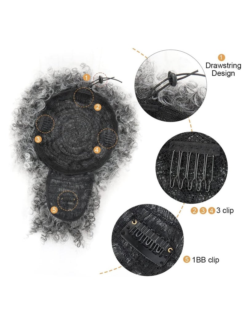 SOLARAE Afro Puff Wig, Drawstring Black Fluffy Ponytail with Bangs Pineapple Updo Hair for Women, Short Kinky Curly Ponytail Bun Grey - Image 4