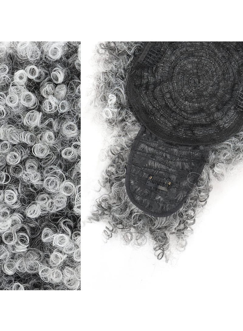 SOLARAE Afro Puff Wig, Drawstring Black Fluffy Ponytail with Bangs Pineapple Updo Hair for Women, Short Kinky Curly Ponytail Bun Grey - Image 3