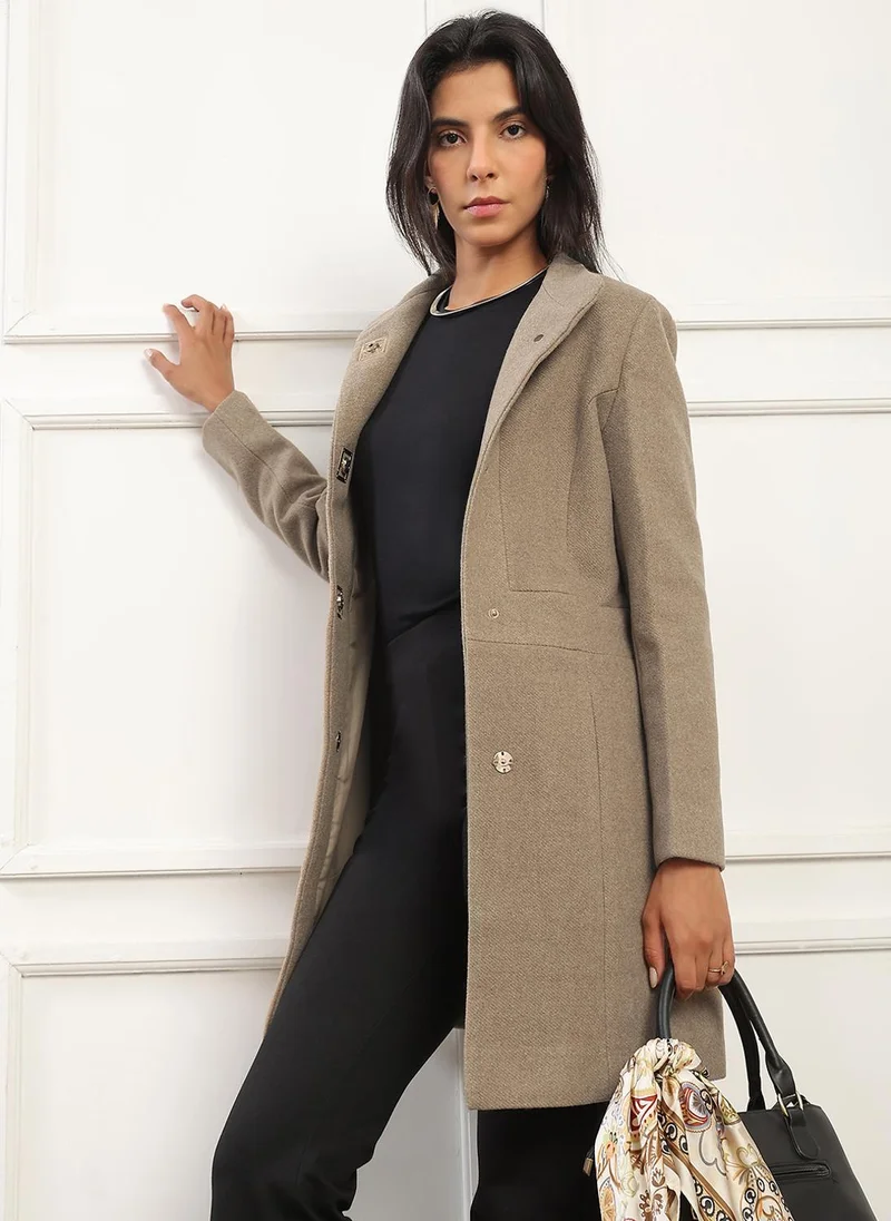 globus Globus Women Beige Mock Collar Long Sleeves Striped Self Design 2 Pockets Soft Functional Hip Length Winterwear Overcoat
