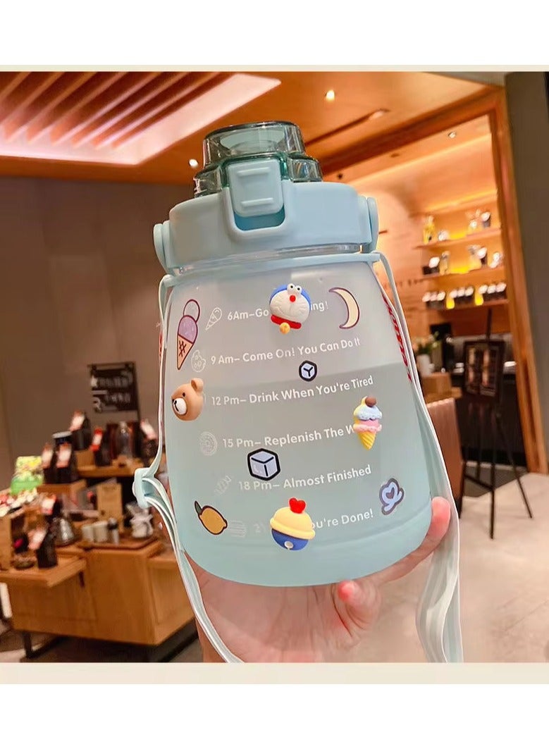 Exotic Glitz Big Belly Water Bottle 1.2l, Water Bottles with Times to Drink, with Straw, Shoulder Strap and 3d Stickers, For Kids School, Sport, Indoor & Outdoor (Green) - Image 1