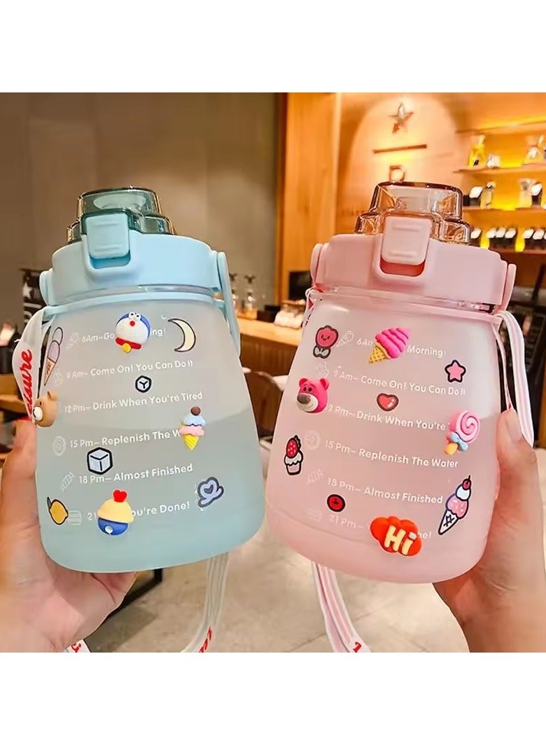Exotic Glitz Big Belly Water Bottle 1.2l, Water Bottles with Times to Drink, with Straw, Shoulder Strap and 3d Stickers, For Kids School, Sport, Indoor & Outdoor (Green) - Image 3