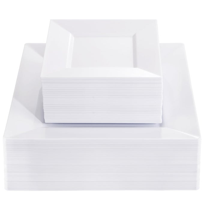 100PCS WHITE SQUARE PLASTIC PLATES 50PCS HEAVY DUTY 95INCH WHITE DINNER PLATES AND 50PCS 6INCH WHITE DESSERT PLATES DURABLE FANCY WHITE DISPOSABLE PLATES FOR PARTY WEDDING