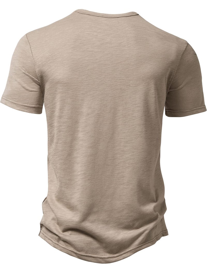 PARKLEES Men's Summer Casual Short Sleeve Henley Shirt Slim Fit 4 Buttons T-Shirts Khaki Large - Image 3