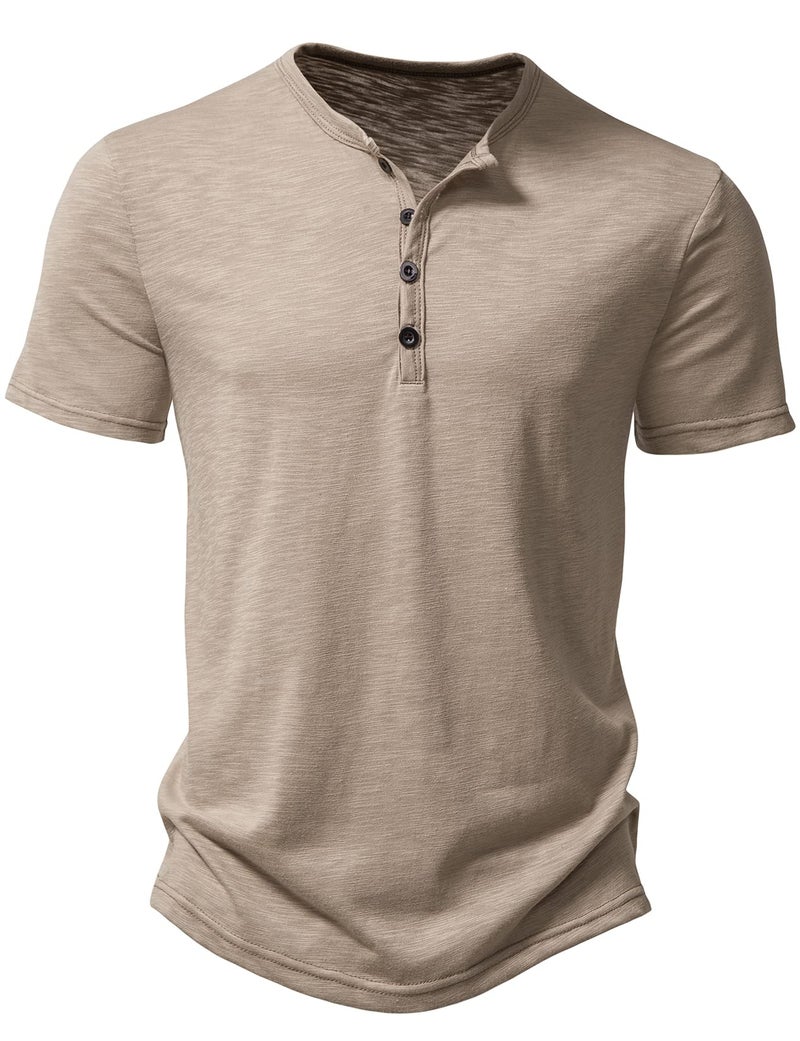 PARKLEES Men's Summer Casual Short Sleeve Henley Shirt Slim Fit 4 Buttons T-Shirts Khaki Large - Image 1