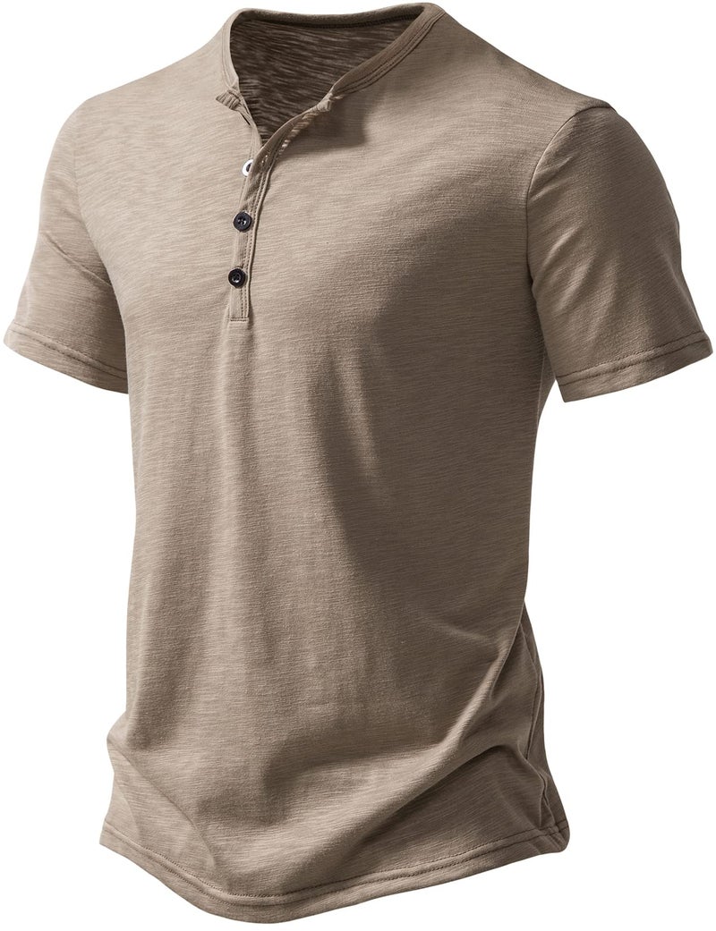 PARKLEES Men's Summer Casual Short Sleeve Henley Shirt Slim Fit 4 Buttons T-Shirts Khaki Large - Image 2