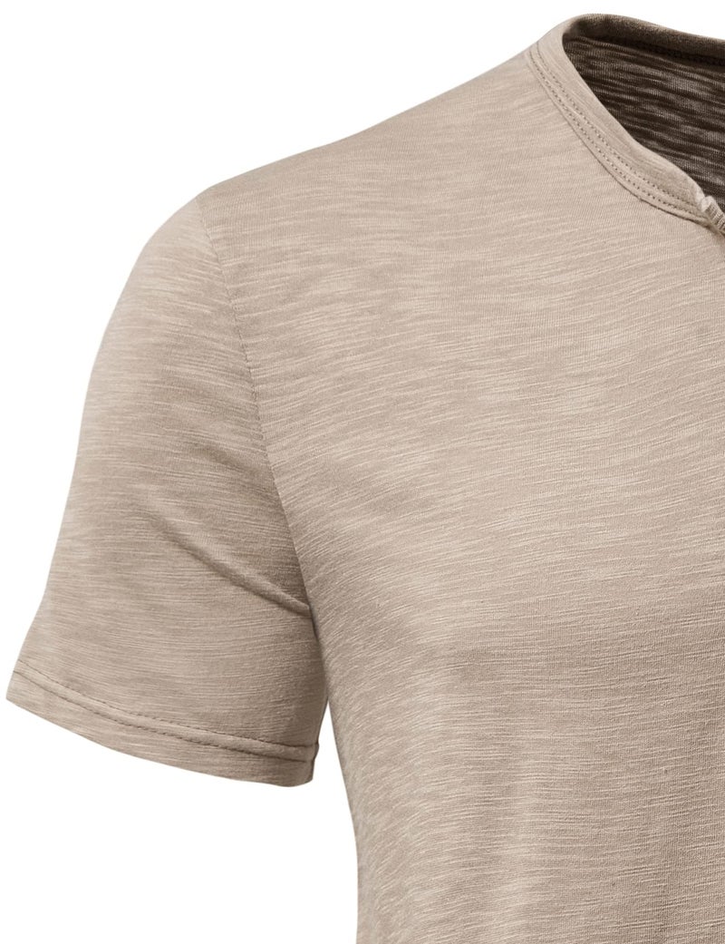 PARKLEES Men's Summer Casual Short Sleeve Henley Shirt Slim Fit 4 Buttons T-Shirts Khaki Large - Image 5