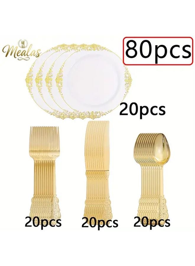 80pcs Heavy Duty Golden Plated Plastic Dessert Plates Cutlery Set Elegant Round Tableware - Image 1