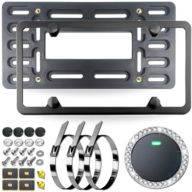 NJNYLLC Front License Plate Bracket Holder Mounting Kit- Black Aluminum Frame & Plastic Bumper Car Tag Adapter with Copper Thread, with Screws Caps and Stainless Steel Zip Ties - Image 1