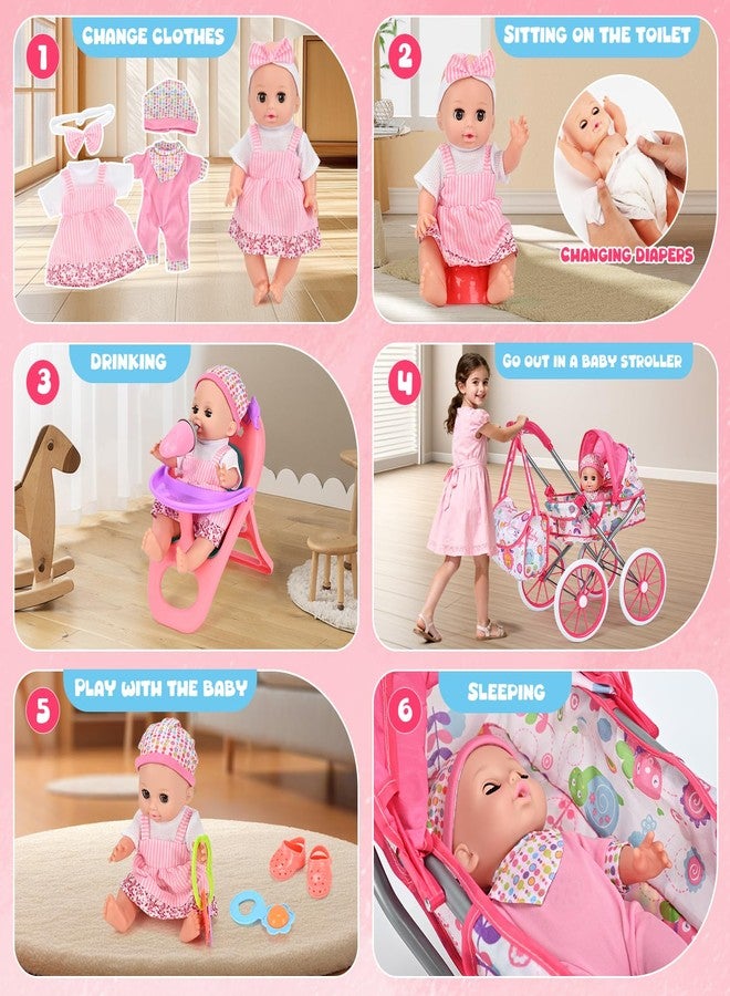 ALLROAD Baby Doll Stroller Toy Set with 12.5'' Doll and Accessories- 2 Doll Clothes, Diaper, Dining Chair, Pacifier, Storage Bag, Baby Doll Stroller Toys for Girls Toddlers 3-5 4-6 5-7 Gifts for Pretend Play - Image 3