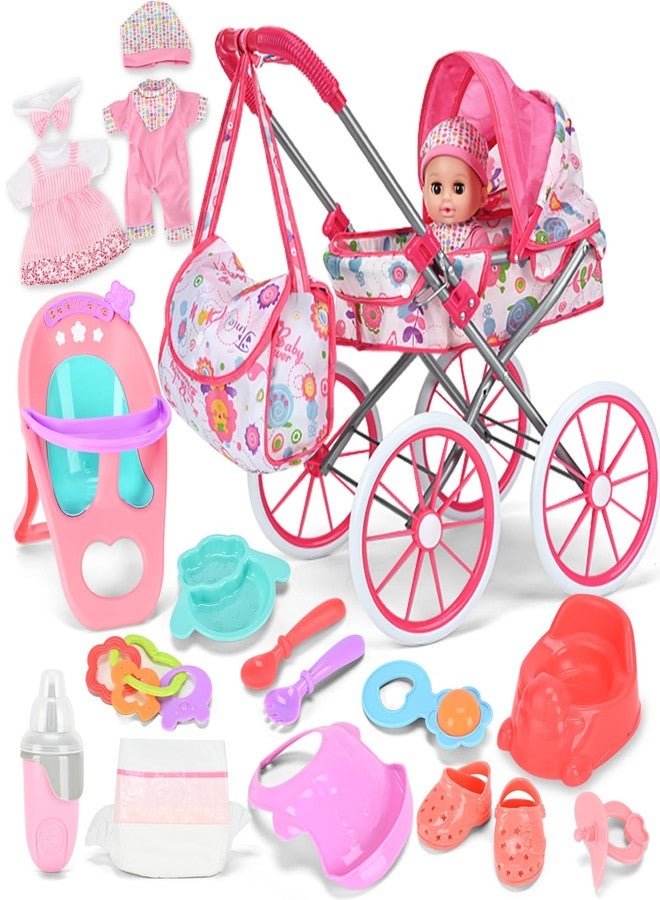 ALLROAD Baby Doll Stroller Toy Set with 12.5'' Doll and Accessories- 2 Doll Clothes, Diaper, Dining Chair, Pacifier, Storage Bag, Baby Doll Stroller Toys for Girls Toddlers 3-5 4-6 5-7 Gifts for Pretend Play - Image 1