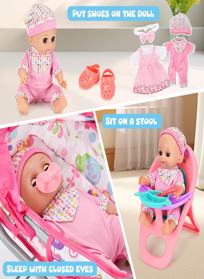 ALLROAD Baby Doll Stroller Toy Set with 12.5'' Doll and Accessories- 2 Doll Clothes, Diaper, Dining Chair, Pacifier, Storage Bag, Baby Doll Stroller Toys for Girls Toddlers 3-5 4-6 5-7 Gifts for Pretend Play - Image 5