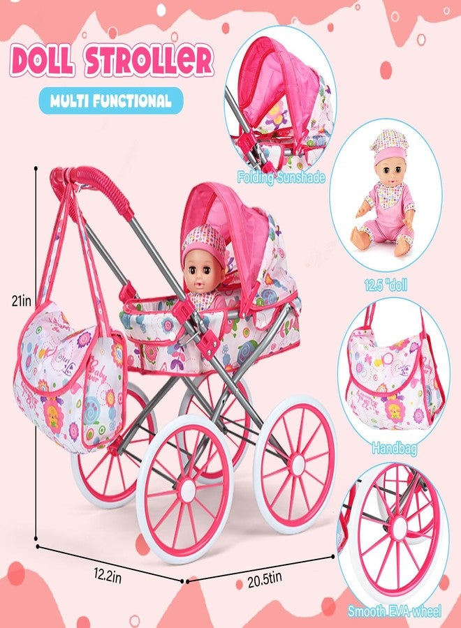 ALLROAD Baby Doll Stroller Toy Set with 12.5'' Doll and Accessories- 2 Doll Clothes, Diaper, Dining Chair, Pacifier, Storage Bag, Baby Doll Stroller Toys for Girls Toddlers 3-5 4-6 5-7 Gifts for Pretend Play - Image 4
