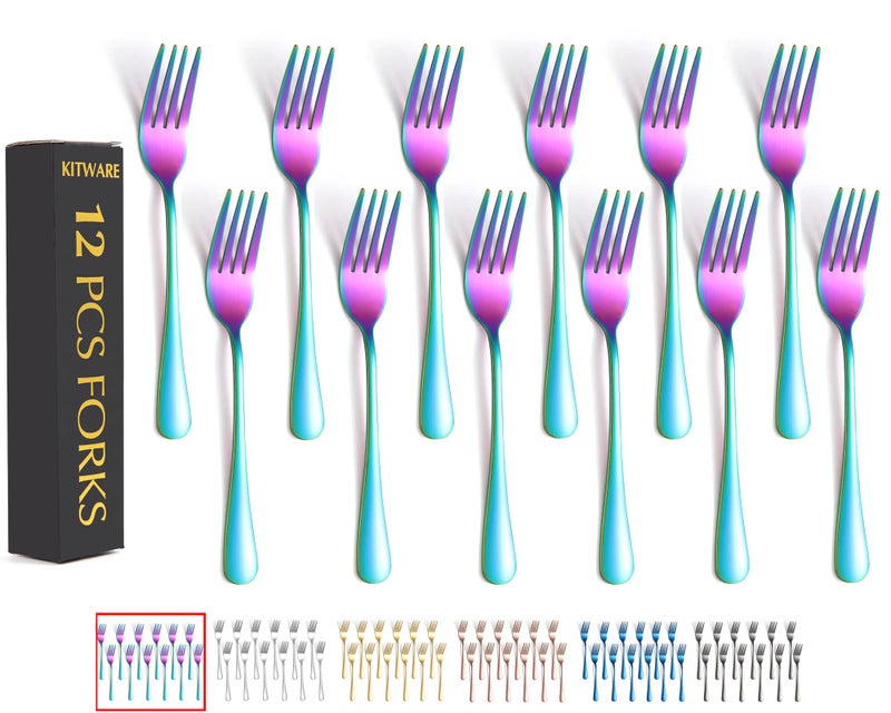 Rainbow Fork Set Of 12 Pieces Iridescent Silverware Salad Forks Stainless Steel Cutlery KITWARE Kitchen Utensils New Appartment Essential Tableware