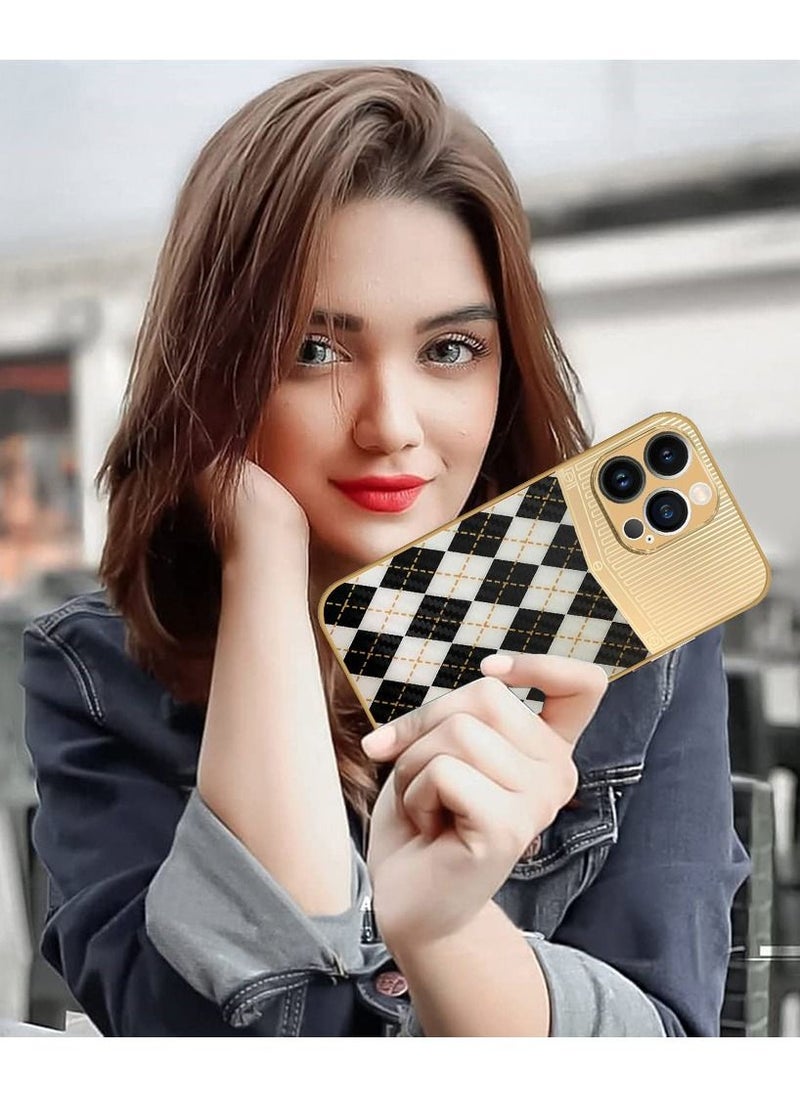 JOWAY iPhone 13 Pro Luxury Gold Plated Case Hybrid Electroplated Frame Back Cover with Carbon Fiber Texture Rhombus Pattern White/Black  - Image 5