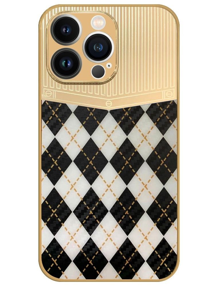 JOWAY iPhone 13 Pro Luxury Gold Plated Case Hybrid Electroplated Frame Back Cover with Carbon Fiber Texture Rhombus Pattern White/Black  - Image 1