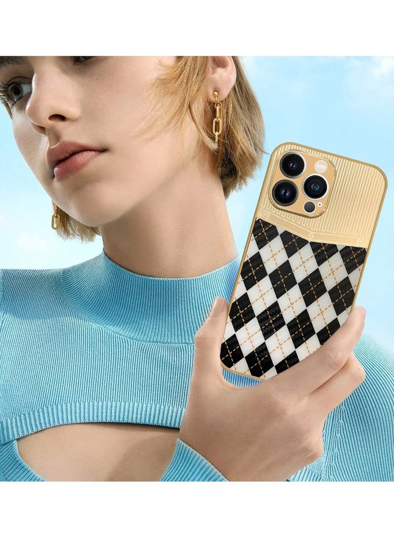 JOWAY iPhone 13 Pro Luxury Gold Plated Case Hybrid Electroplated Frame Back Cover with Carbon Fiber Texture Rhombus Pattern White/Black  - Image 4