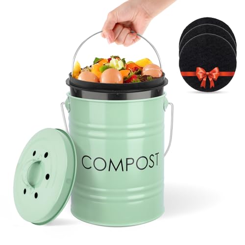 Vipush Compost Bin Kitchen Countertop Composter with lid – Small Compost ContainerI Includes Inner Compost Bucket Liner & Charcoal Filter, Green - Image 1