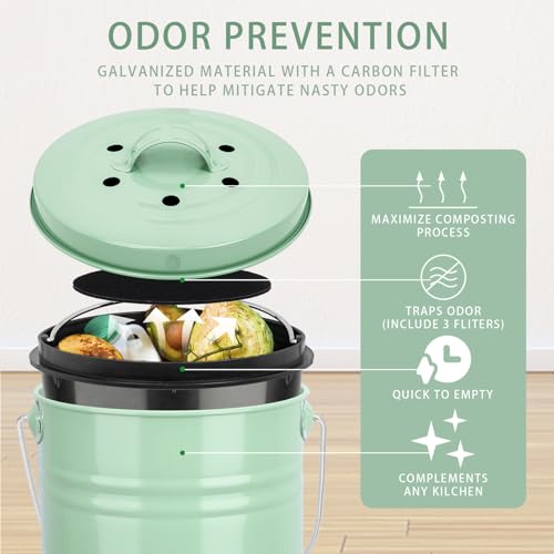 Vipush Compost Bin Kitchen Countertop Composter with lid – Small Compost ContainerI Includes Inner Compost Bucket Liner & Charcoal Filter, Green - Image 2