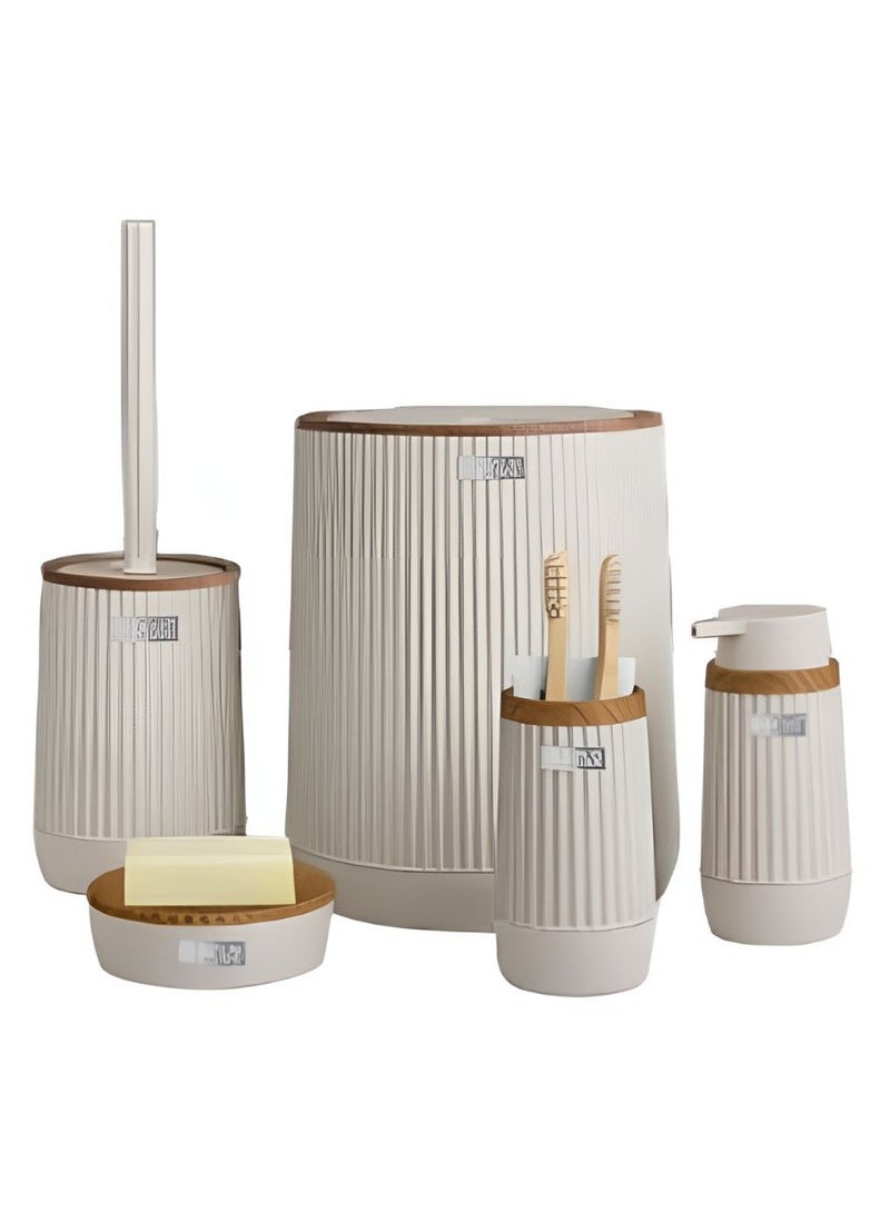 اوكانيوس  مجموعة إكسسوارات حمام بلاستيكية مكونة من 5 قطع برأس خشبي تتضمن فرشاة المرحاض وموزع الصابون السائل وسلة المهملات وحامل فرشاة الأسنان ومعجون الأسنان وطبق الصابون ومجموعة منظم الحمام المتين باللون البيج - Image 1