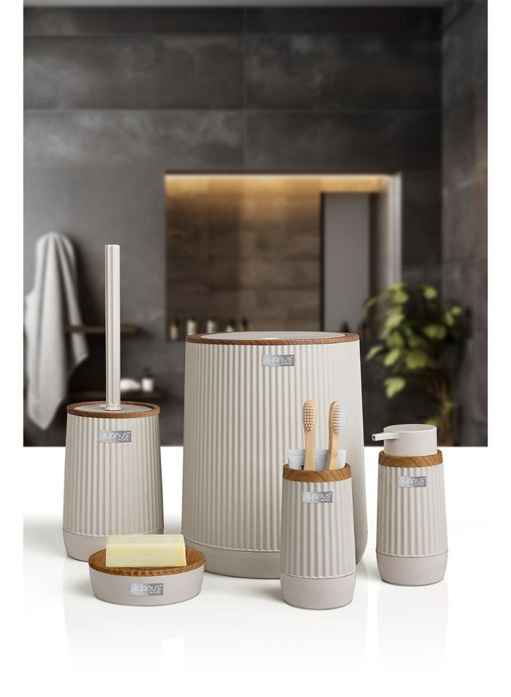 اوكانيوس  مجموعة إكسسوارات حمام بلاستيكية مكونة من 5 قطع برأس خشبي تتضمن فرشاة المرحاض وموزع الصابون السائل وسلة المهملات وحامل فرشاة الأسنان ومعجون الأسنان وطبق الصابون ومجموعة منظم الحمام المتين باللون البيج - Image 2