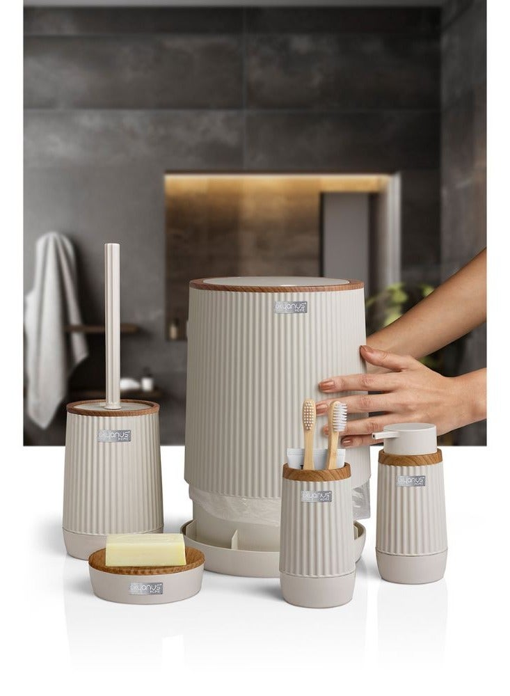 اوكانيوس  مجموعة إكسسوارات حمام بلاستيكية مكونة من 5 قطع برأس خشبي تتضمن فرشاة المرحاض وموزع الصابون السائل وسلة المهملات وحامل فرشاة الأسنان ومعجون الأسنان وطبق الصابون ومجموعة منظم الحمام المتين باللون البيج - Image 5