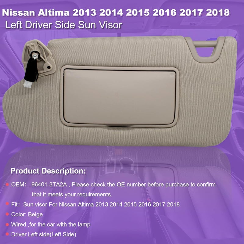 Solid anti-deform Left Driver Side Sun Visor Compatible with Nissan Altima 2013 2014 2015 2016 2017 2018 with Light Switch 96401-3TA2A Beige Consistent single item quality - Image 2