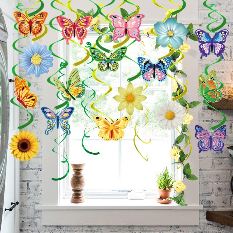 VABAMNA 33pcs Spring Hanging Decorations for Home, Flower Butterfly Hanging Swirl Streamers for Spring Summer Easter Flower Butterfly Themed Birthday Party Classroom Decorations - Image 4