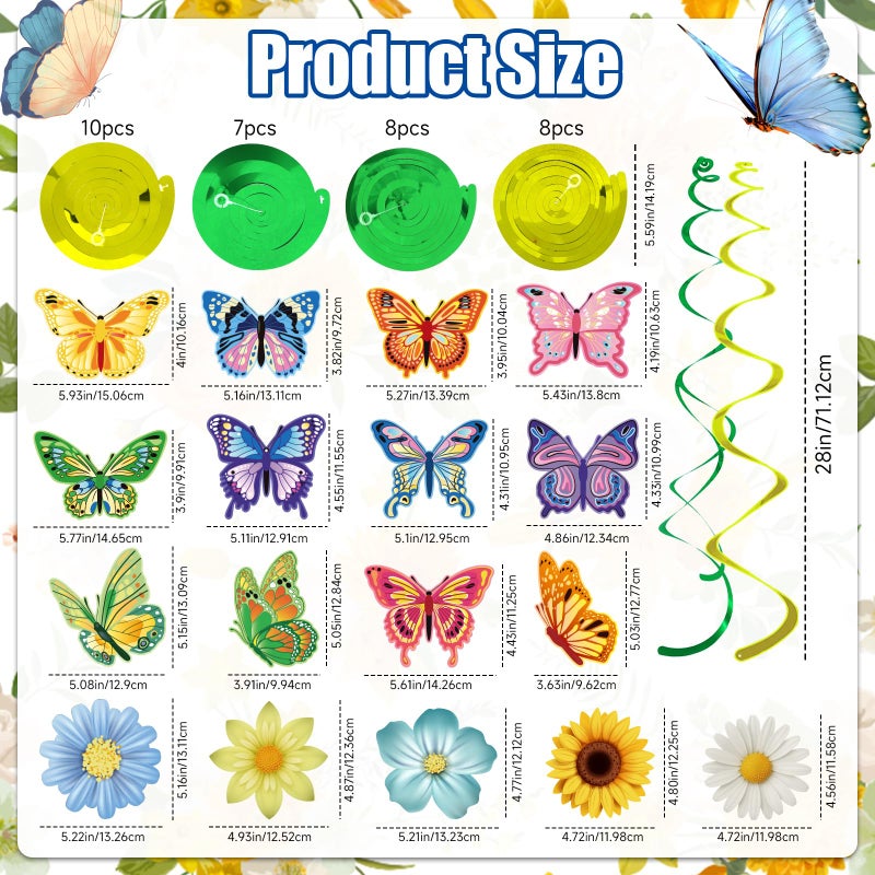 VABAMNA 33pcs Spring Hanging Decorations for Home, Flower Butterfly Hanging Swirl Streamers for Spring Summer Easter Flower Butterfly Themed Birthday Party Classroom Decorations - Image 3