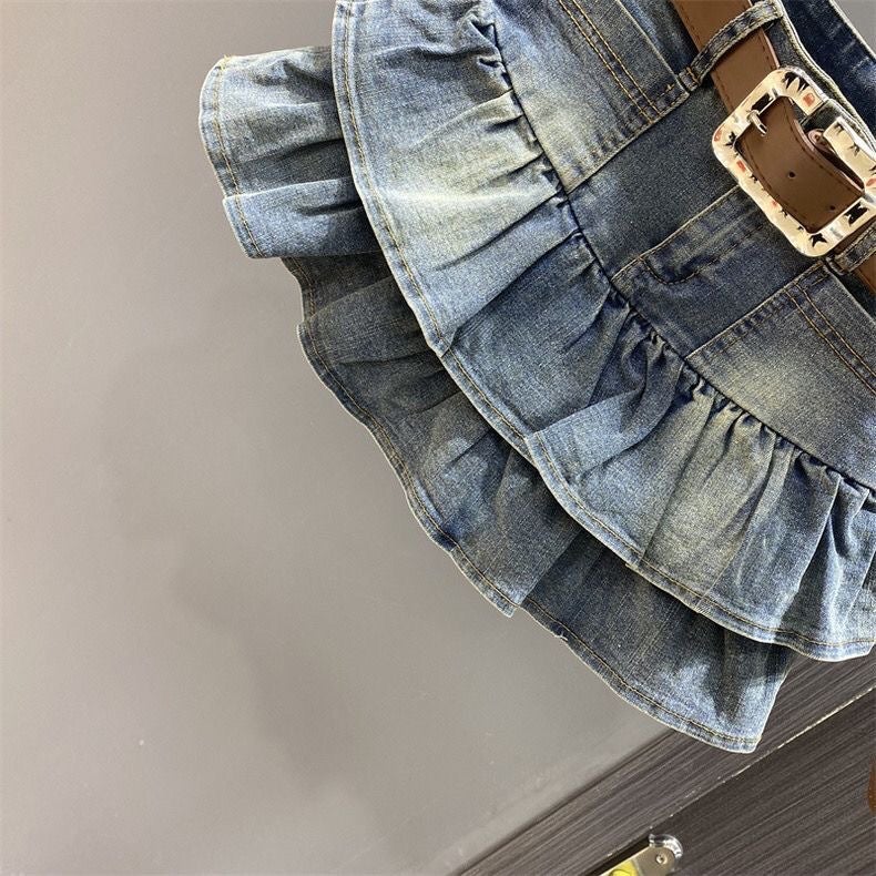 Girls' 2026 Spring/ Denim Skirt Korean Style Ruffled Tiered Skirt Elastic Waist A-Line Skirt - Image 5