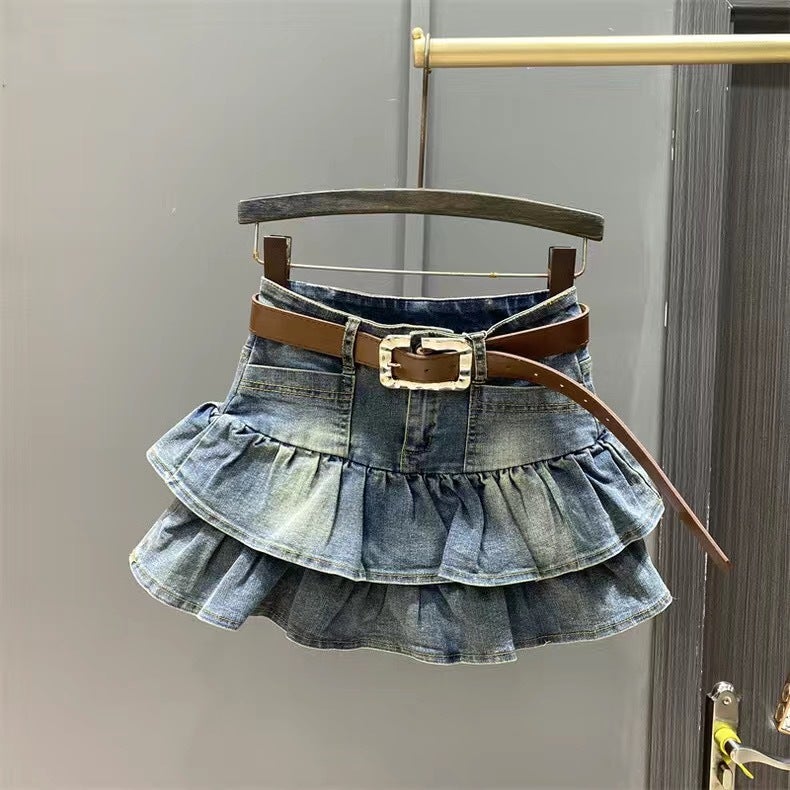 Girls' 2026 Spring/ Denim Skirt Korean Style Ruffled Tiered Skirt Elastic Waist A-Line Skirt - Image 2