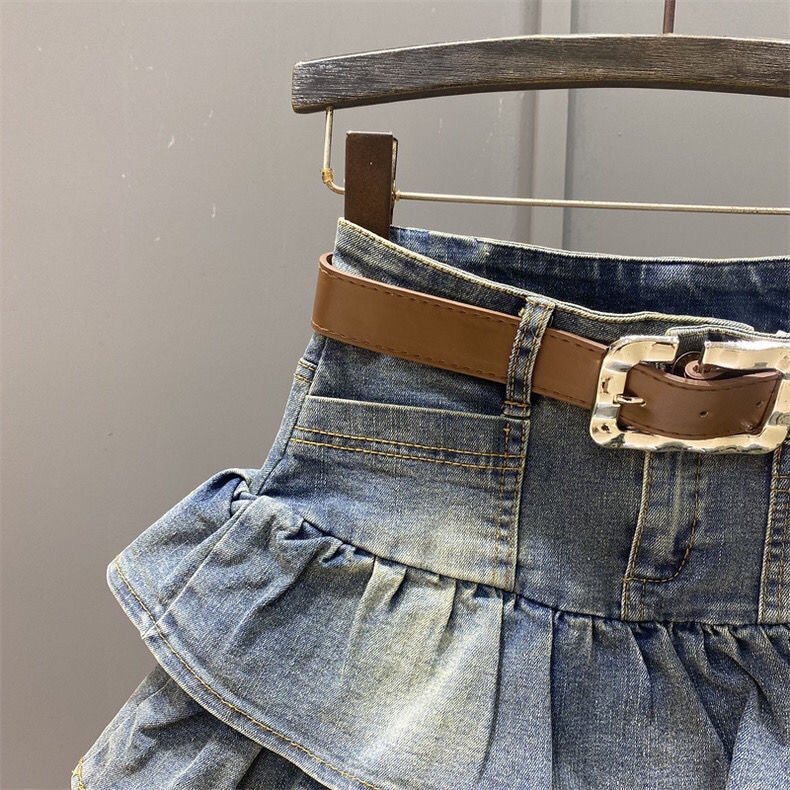 Girls' 2026 Spring/ Denim Skirt Korean Style Ruffled Tiered Skirt Elastic Waist A-Line Skirt - Image 4