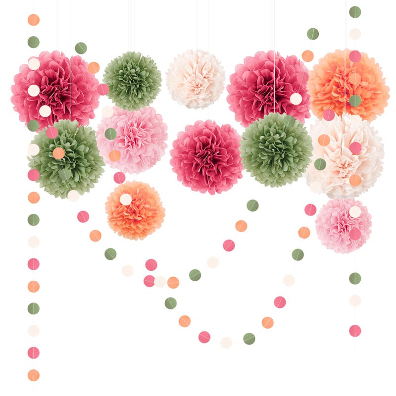 NICROLANDEE Wedding Party Decorations 15Pcs Pink Sage Green Ivory Tissue Paper Pom Pom for Birthday Pastel Decorations Engagement BabyBridal Shower Anniversary Valentine Dot Paper Backdrop Decor - Image 2