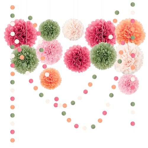 NICROLANDEE Wedding Party Decorations 15Pcs Pink Sage Green Ivory Tissue Paper Pom Pom for Birthday Pastel Decorations Engagement BabyBridal Shower Anniversary Valentine Dot Paper Backdrop Decor - Image 1