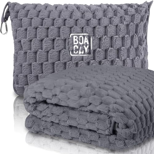 BOACAY Packable Travel Blanket for Airplane Car Compact Office Blanket Portable Pillow for Adults Kids with Case Luggage Sleeve Backpack Clip