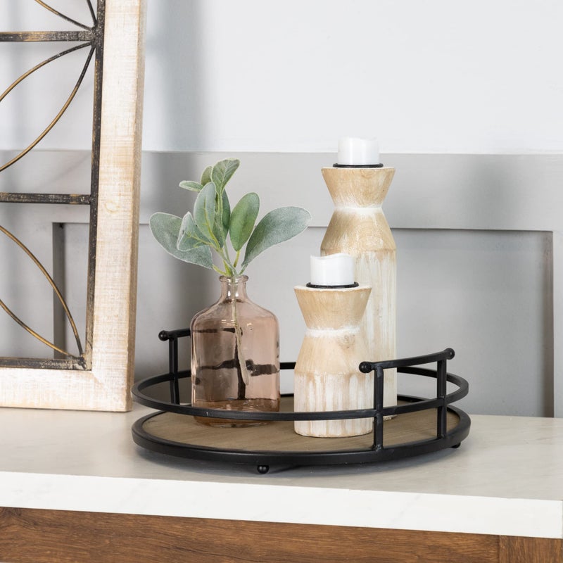Stratton Home Decor Metal and Wood Round Tray | Wooden Coffee Table Tray Decor for Empty Table Surfaces | Decorative Round Serving Tray with Handles - Image 2