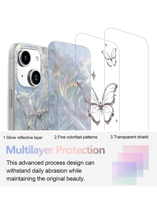 Wffo Compatible for iPhone 13 Case Case - Shiny Silver Butterfly Design - Feather Yarn Style Phone Case - TPU Shockproof Protective Phone Case - Sleek and Simple - Silver - Image 2