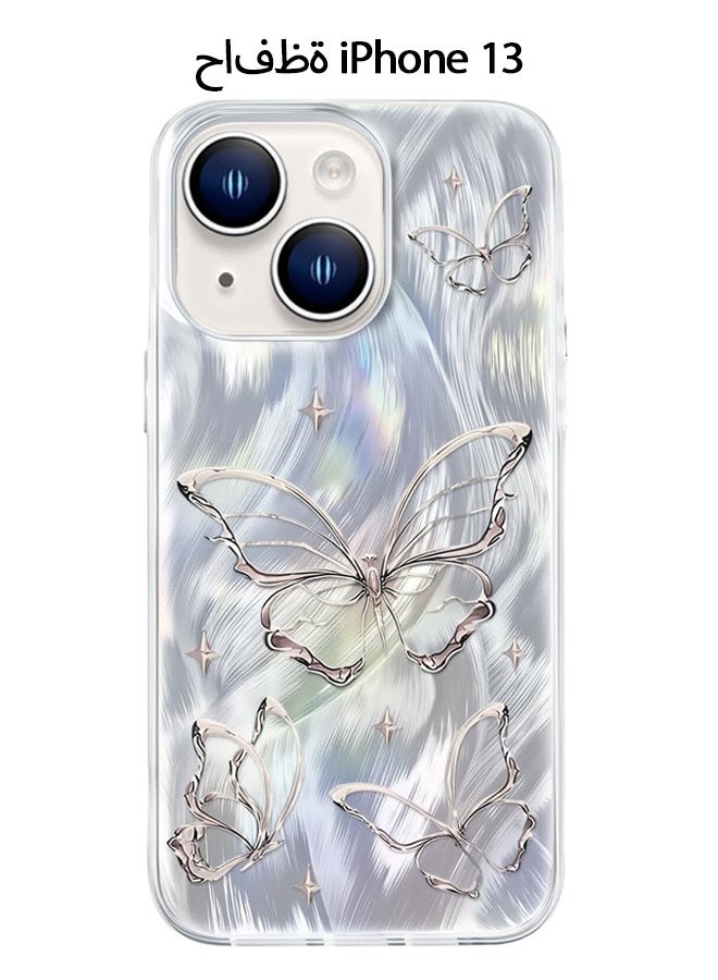Wffo Compatible for iPhone 13 Case Case - Shiny Silver Butterfly Design - Feather Yarn Style Phone Case - TPU Shockproof Protective Phone Case - Sleek and Simple - Silver - Image 1